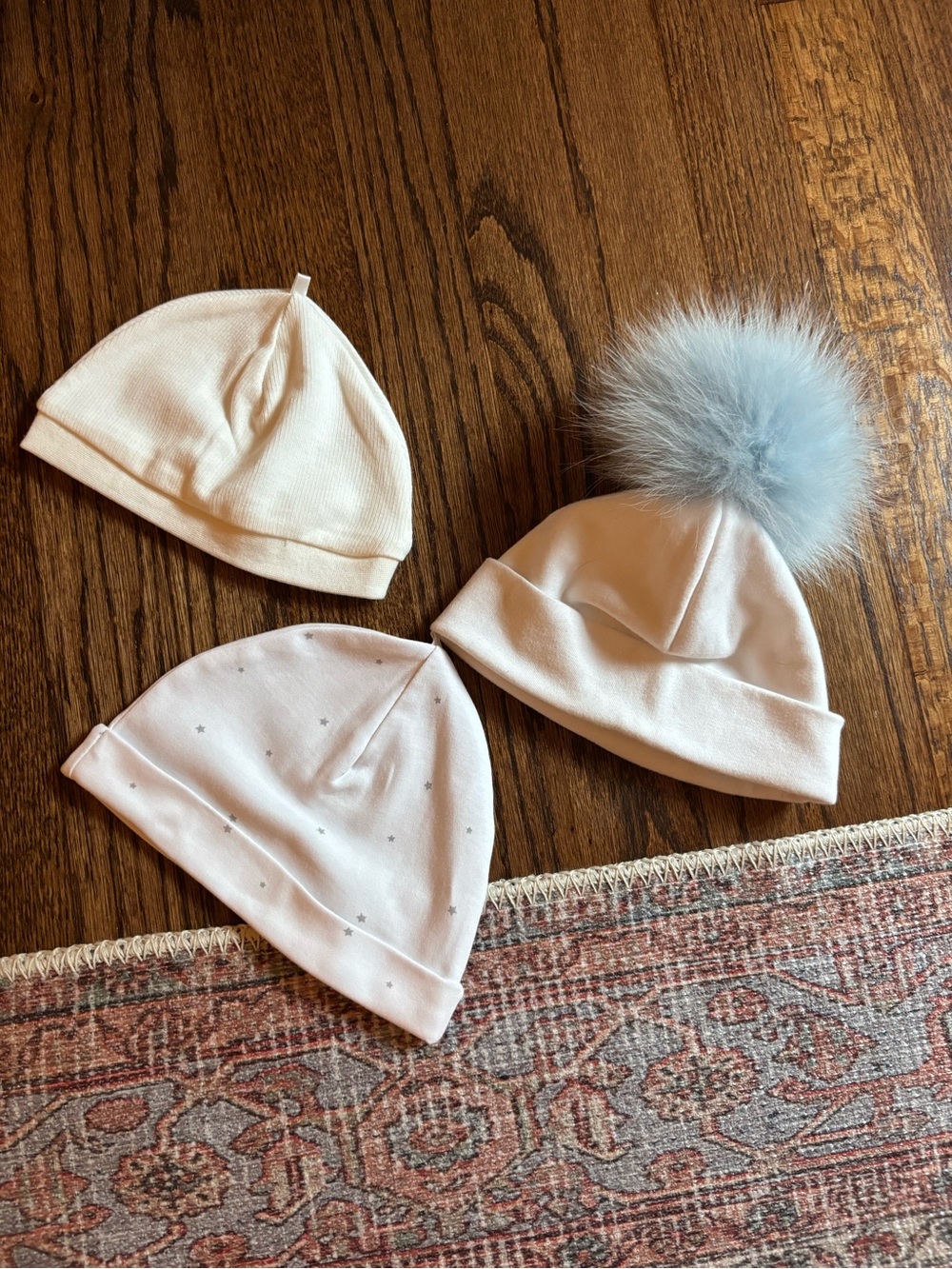 6 months baby Soft White Beanie Hat with Blue Pom-Pom - Pack of 3